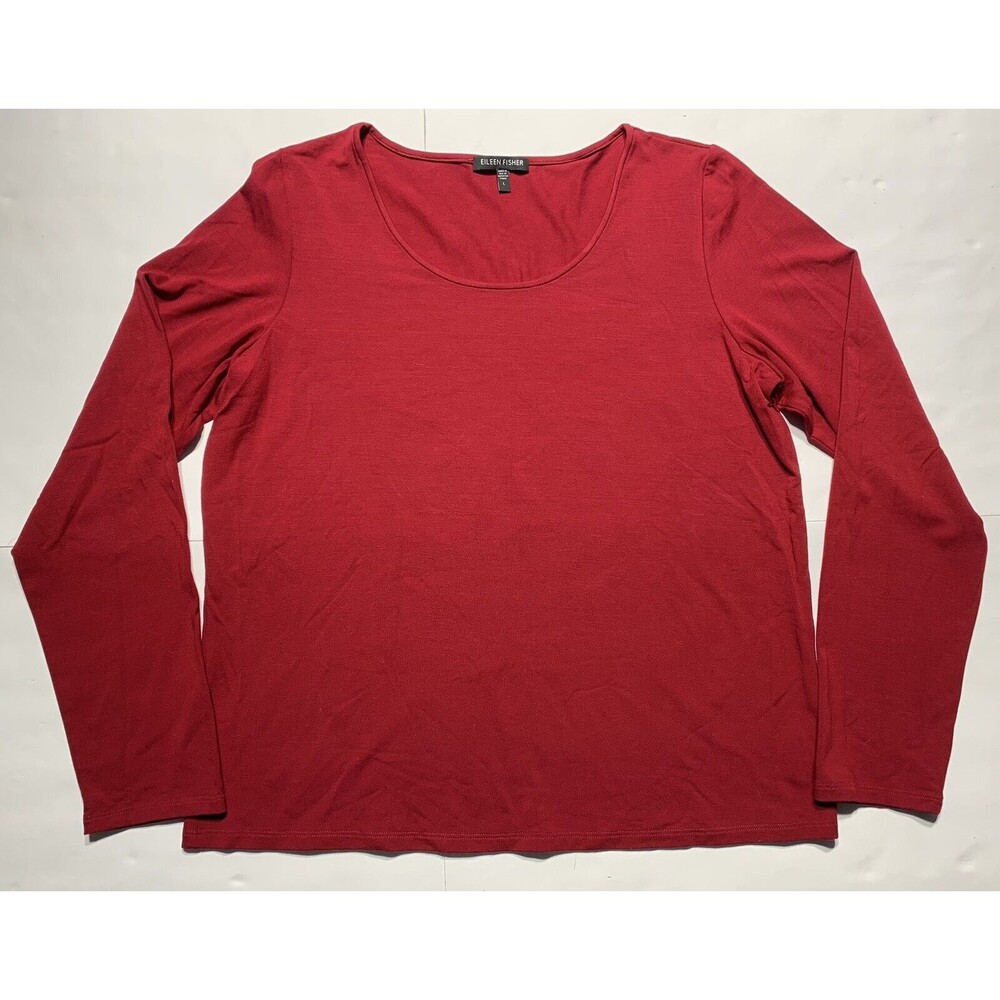 Eileen Fisher Red Scoop Neck Top Sz Large Long Sleeve Stretch Shirt Made in USA